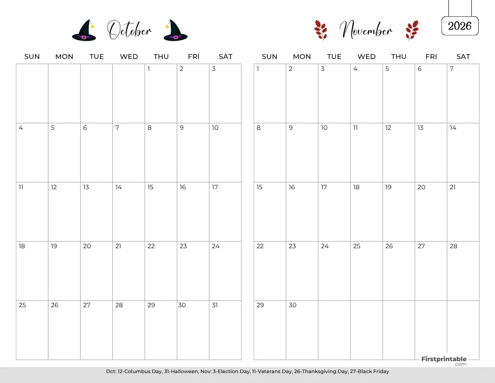Two Month October November 2026 Calendar Template 01