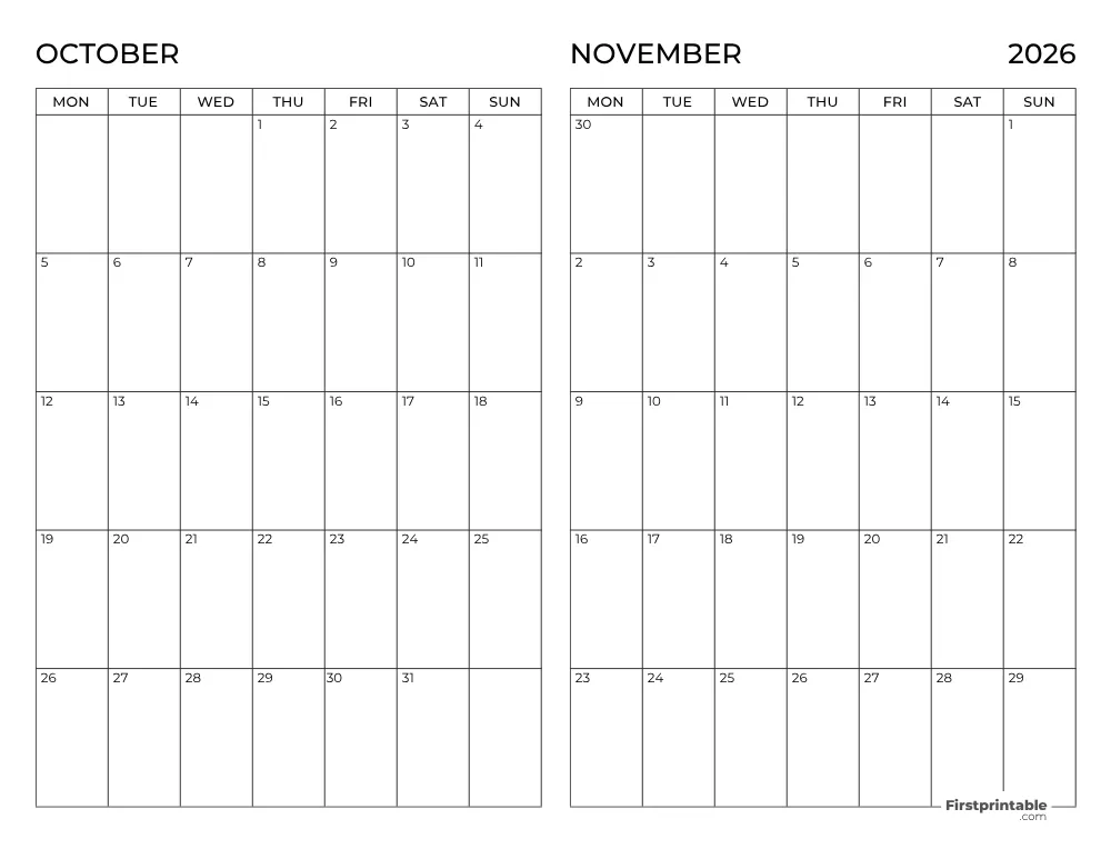Two Month October November 2026 Calendar Template 10