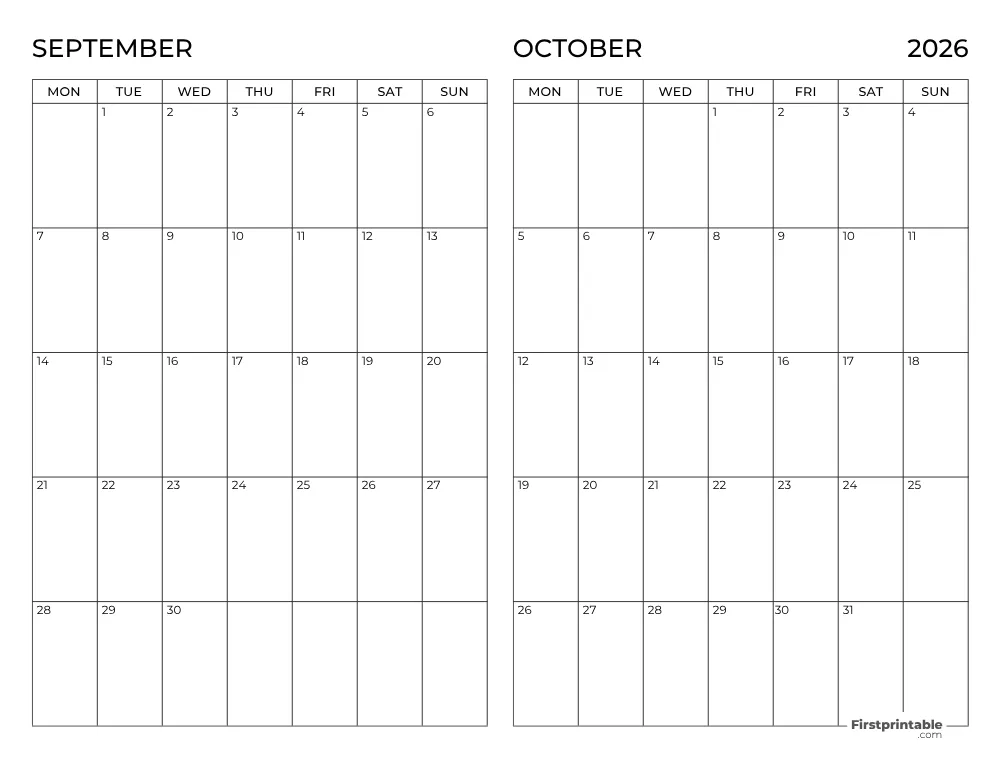 Two Month September October 2026 Calendar Template 10
