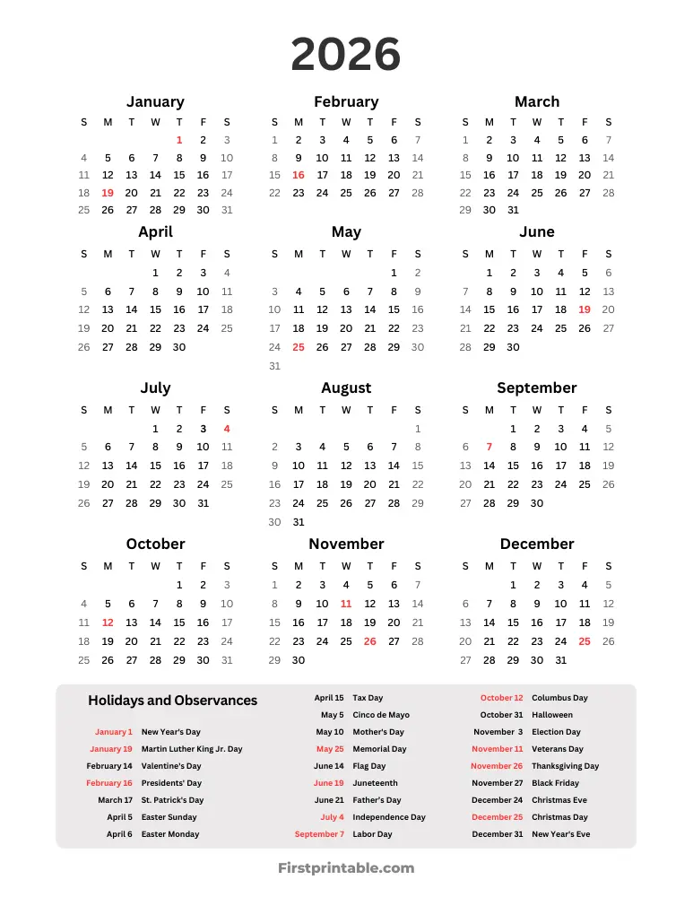 Year Calendar 2026 with holidays portrait
