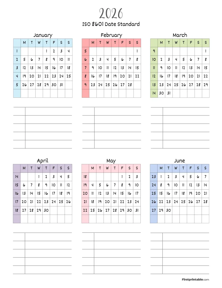2026 Calendar with Week Numbers (ISO 8601) Template 05 Page 1 of 2