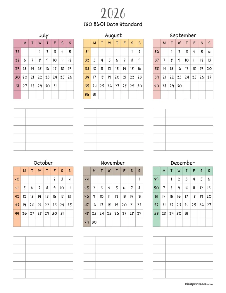 2026 Calendar with Week Numbers (ISO 8601) Template 05 Page 2 of 2