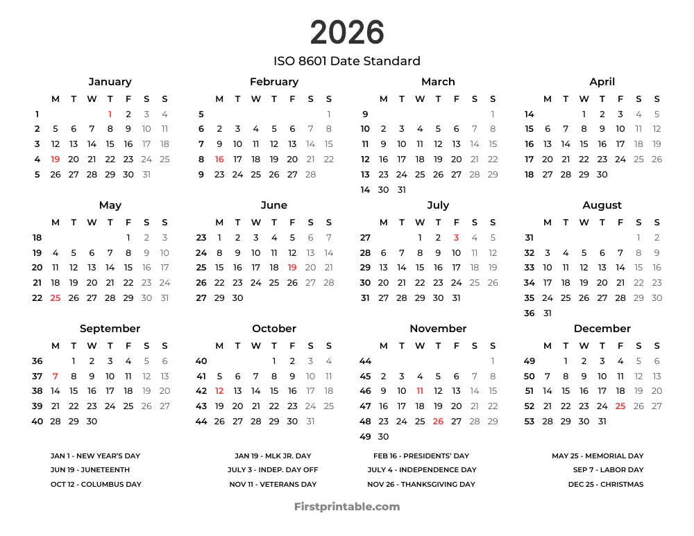 2026 Calendar with Week Numbers (ISO 8601) Template 07