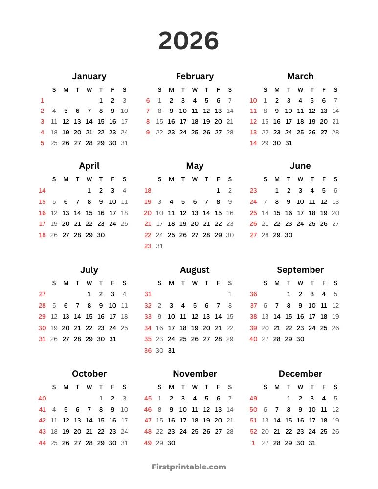 2026 Calendar with Week Numbers Template 01