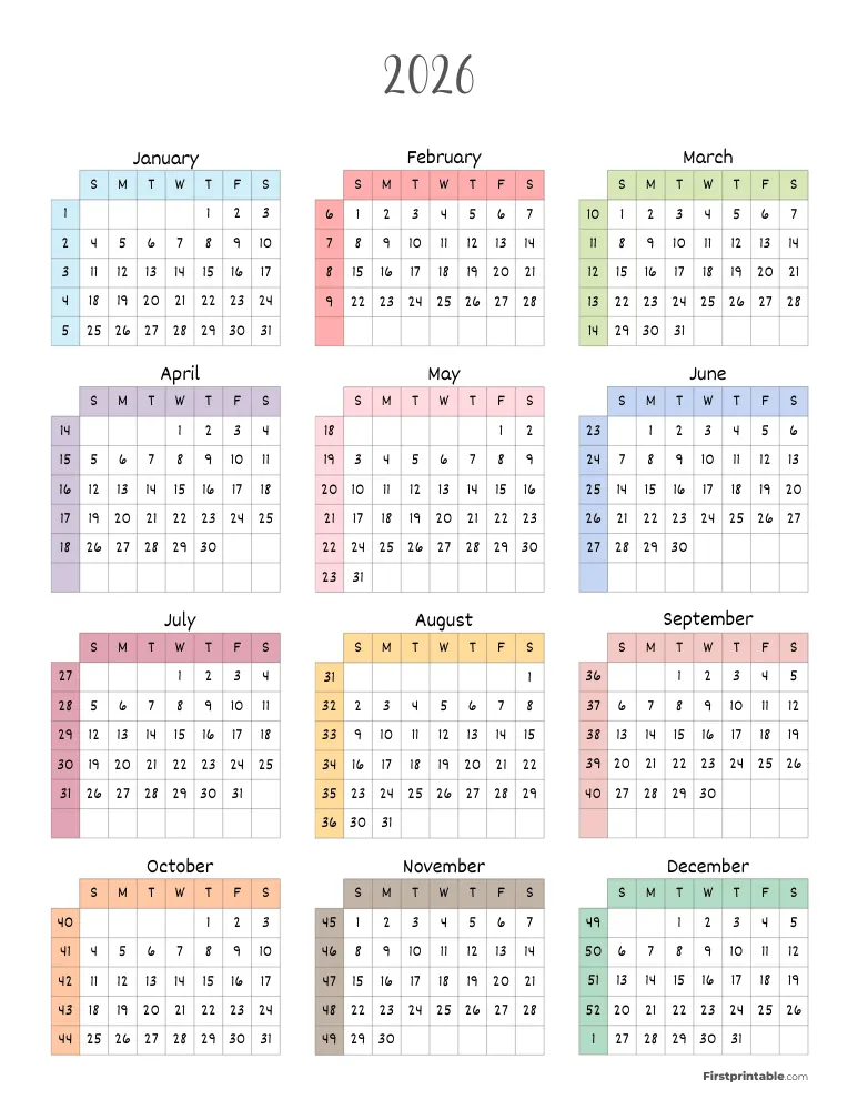 2026 Calendar with Week Numbers Template 02