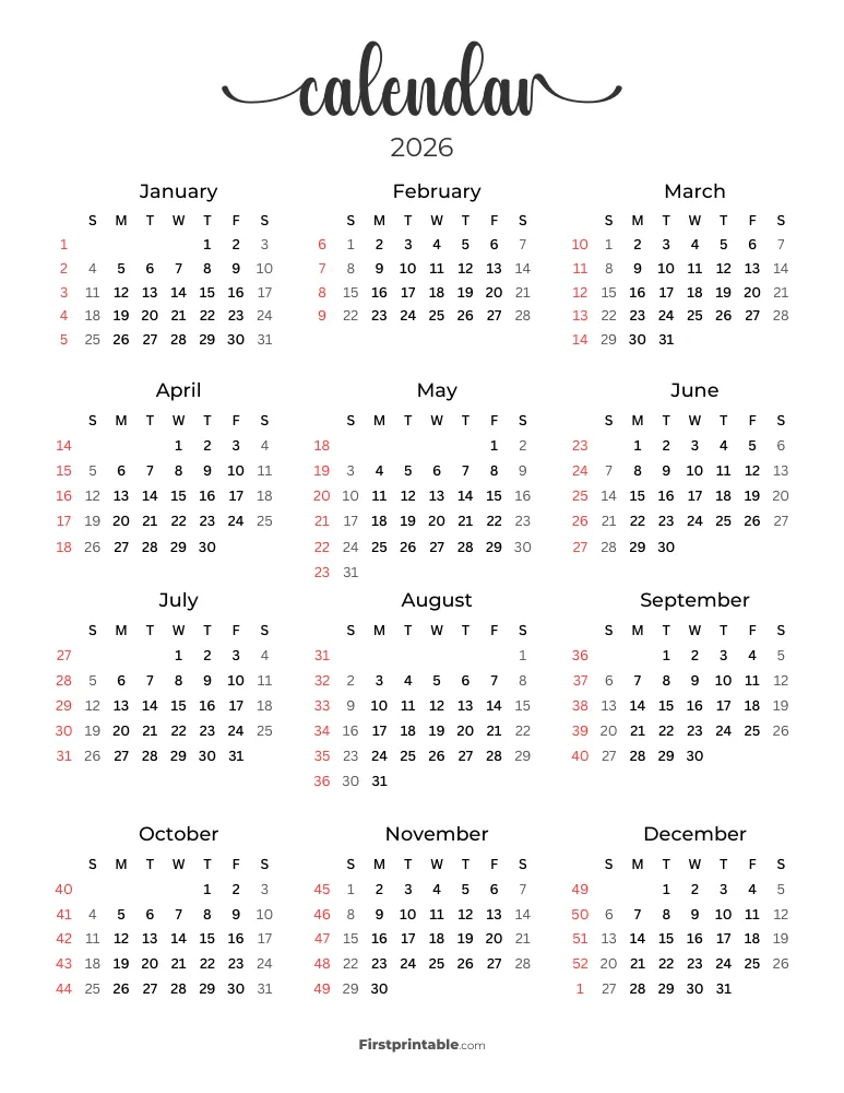 2026 Calendar with Week Numbers Template 03
