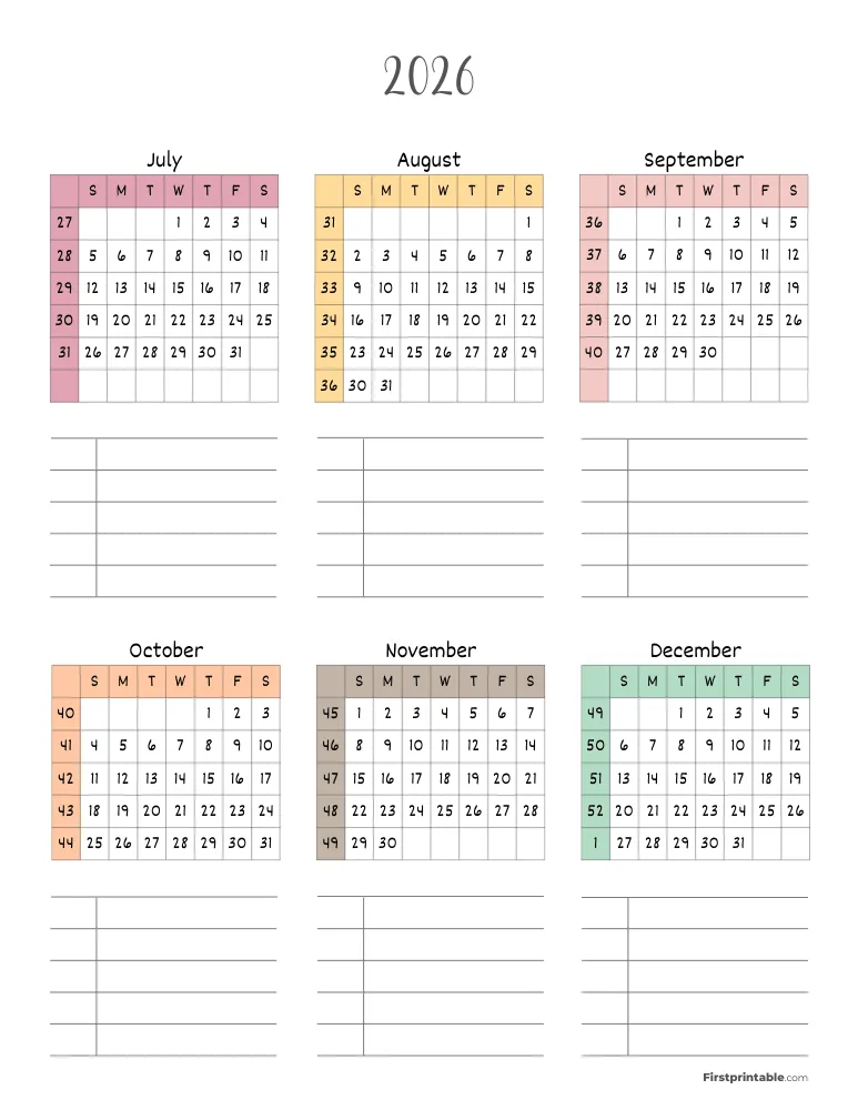 2026 Calendar with Week Numbers Template 04 Page 2 of 2