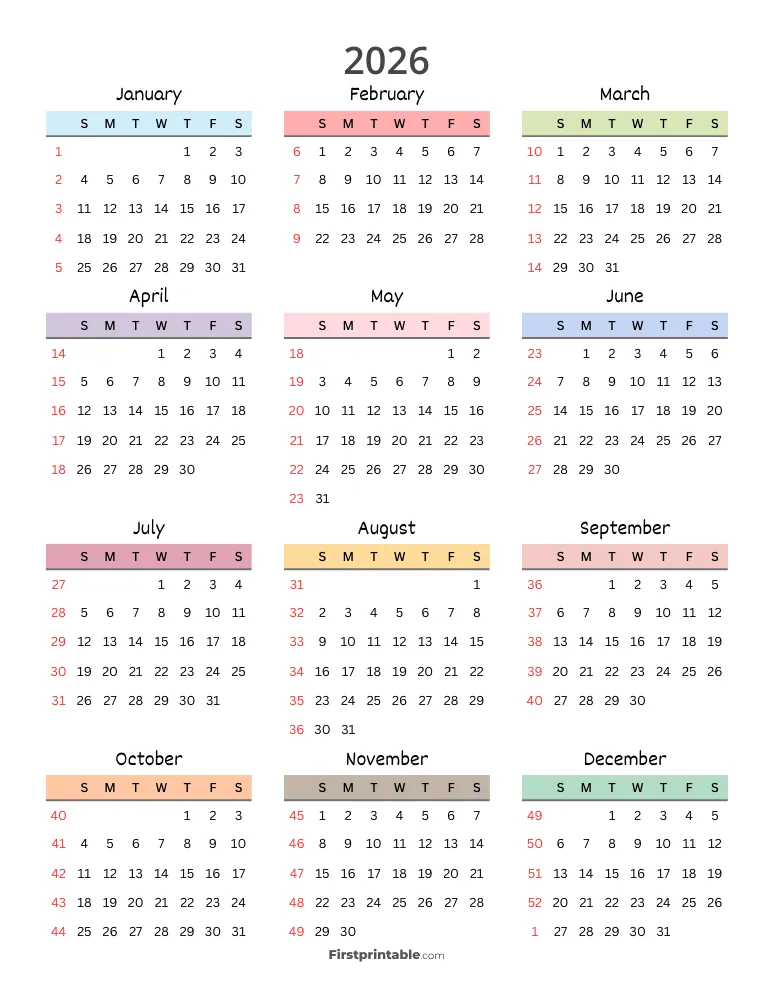 2026 Calendar with Week Numbers Template 05