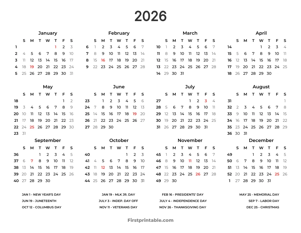 2026 Calendar with Week Numbers Template 10