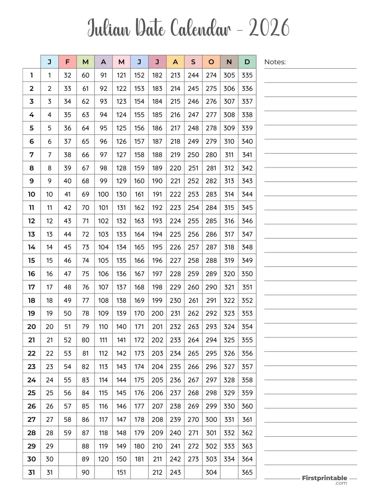 Julian Calendar 2026 Free PDF Printables
