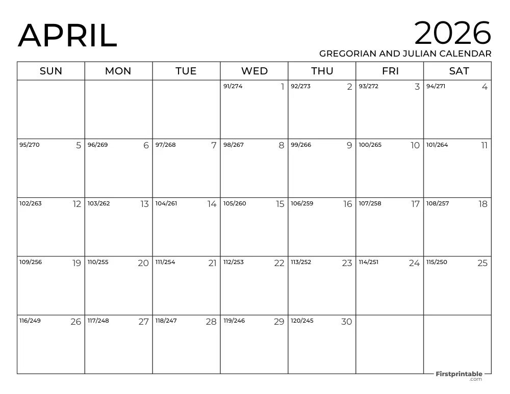 April 2026 Gregorian and Julian Calendar