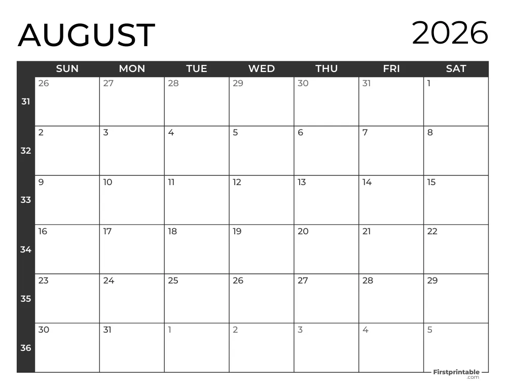 August 2026 Calendar with Week Numbers