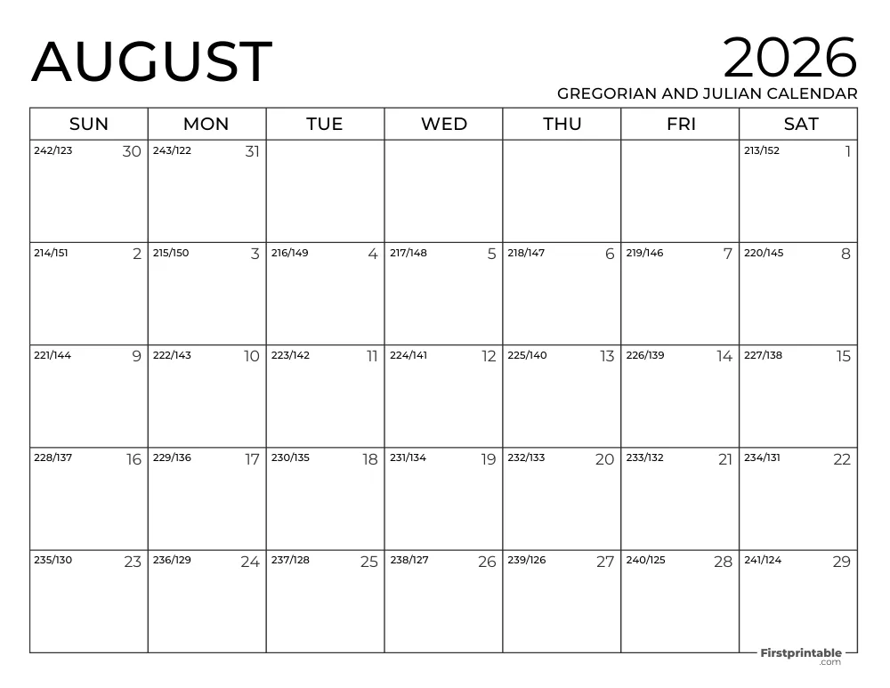 August 2026 Gregorian and Julian Calendar