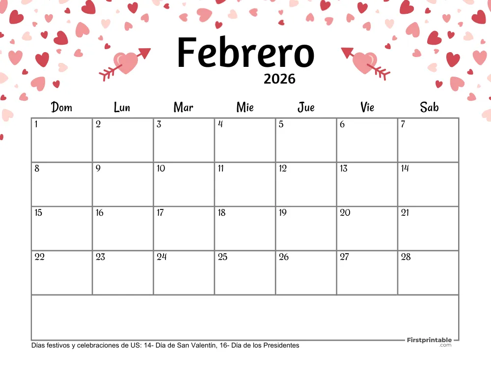 Calendario de febrero de 2026 - Tema de San Valentín