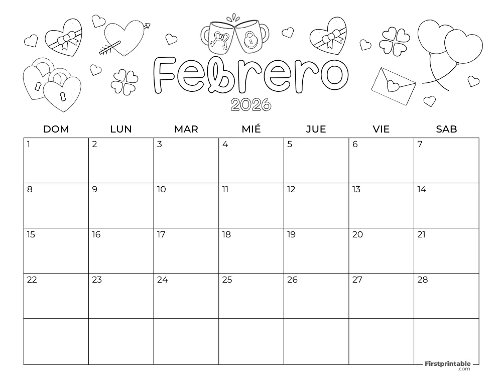 Calendario de febrero de 2026 - Tema del Día de San Valentín