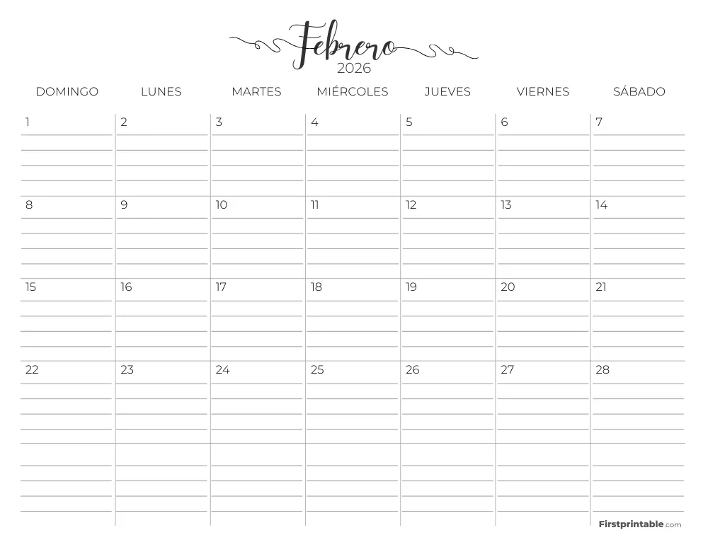 Calendario de febrero de 2026 con líneas 02