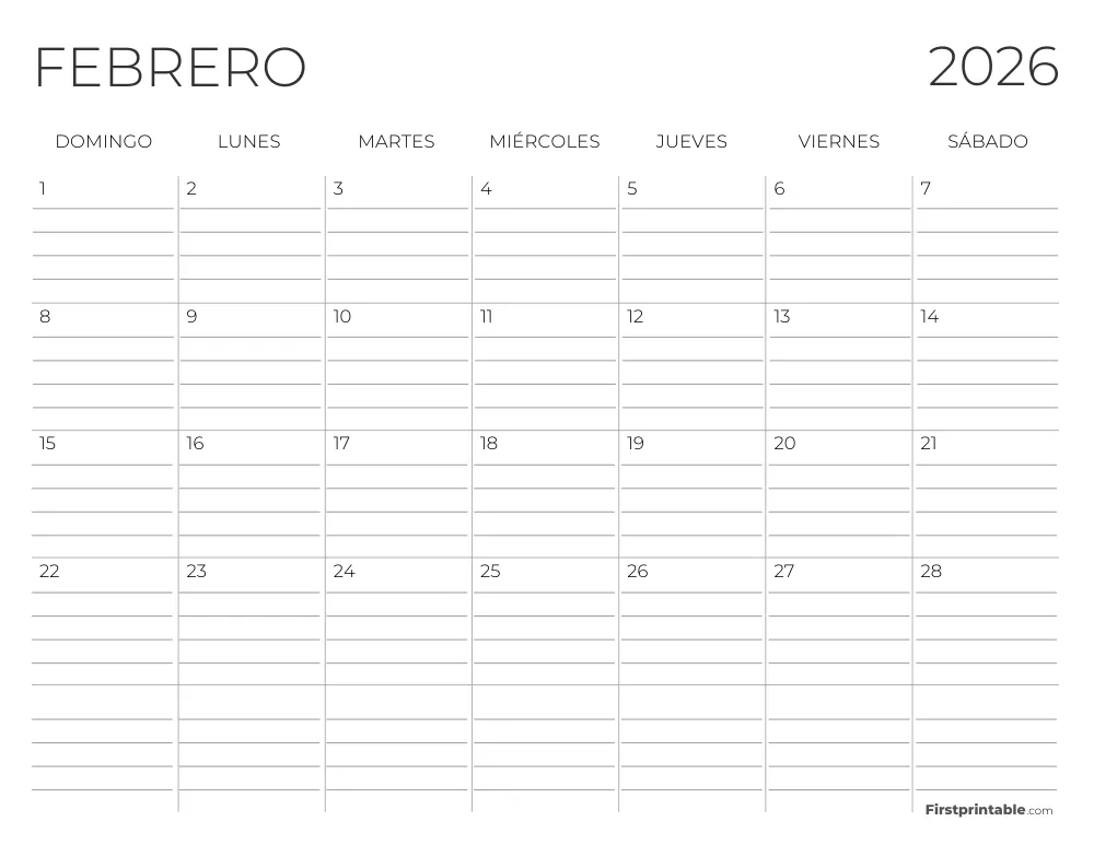 Calendario de febrero de 2026 con líneas