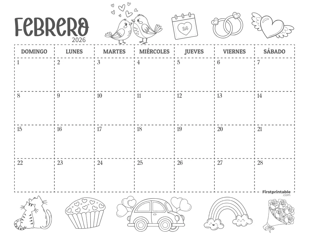 Calendario de febrero de 2026 con temática de San Valentín 01