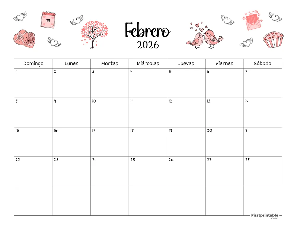 Calendario de febrero de 2026 con temática de San Valentín 02