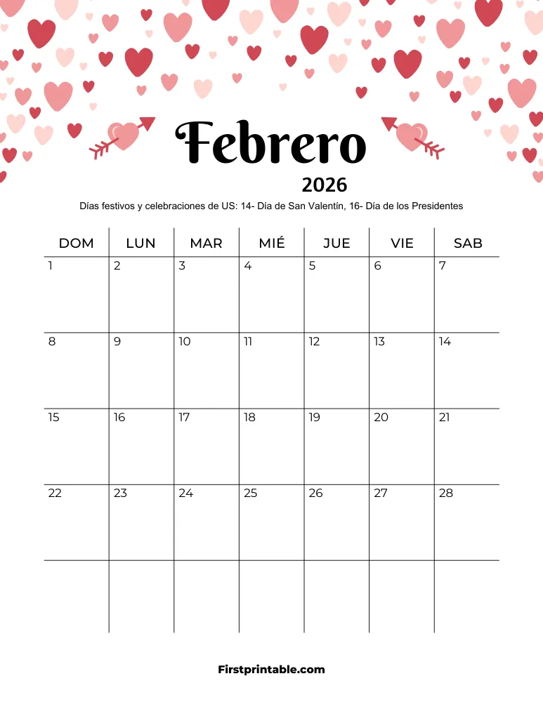 Calendario de febrero de 2026 con temática de San Valentín