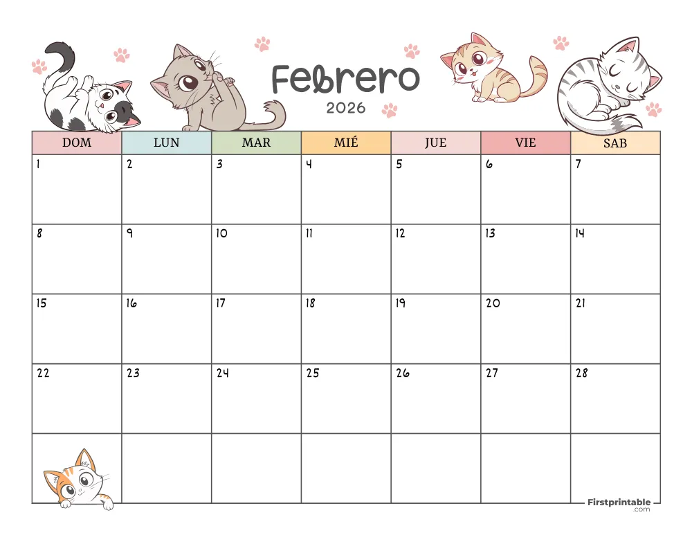 Calendario de febrero de 2026 con temática de gatos 01