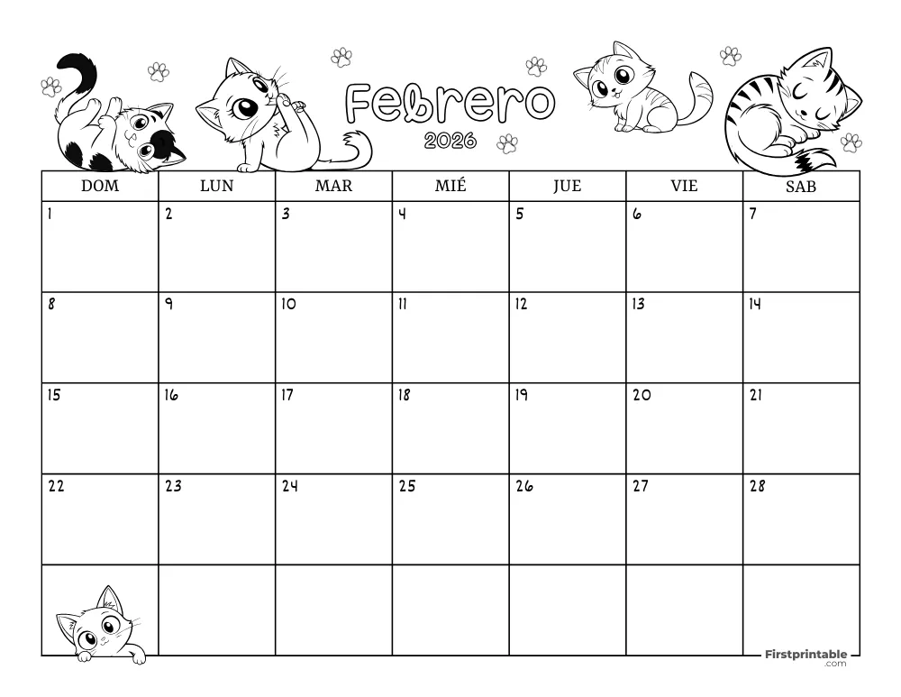 Calendario de febrero de 2026 con temática de gatos 02