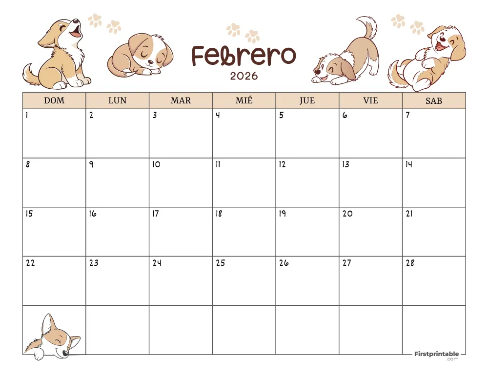Calendario de febrero de 2026 con temática de perros 01