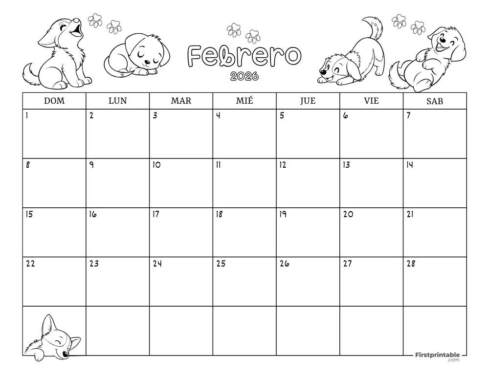 Calendario de febrero de 2026 con temática de perros 02
