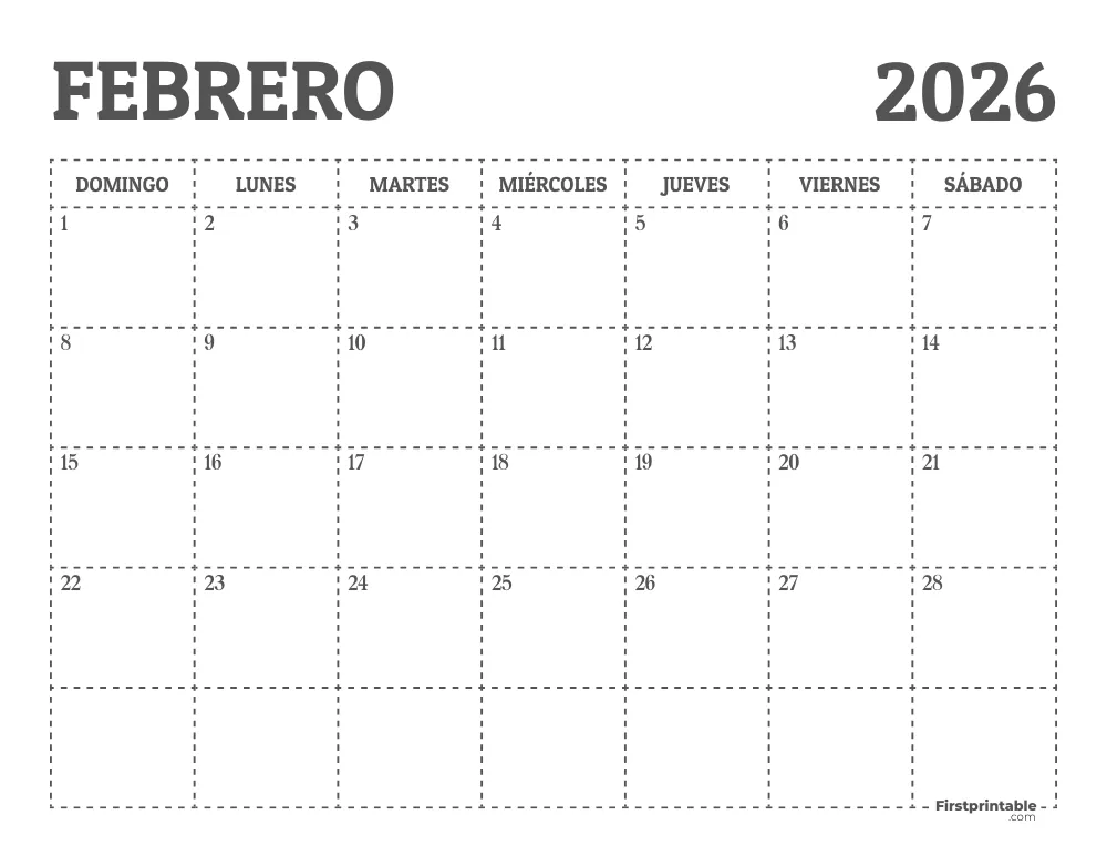 Calendario de febrero de 2026 para imprimir