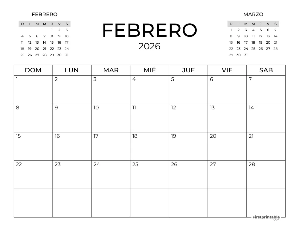 Calendario de febrero de 2026