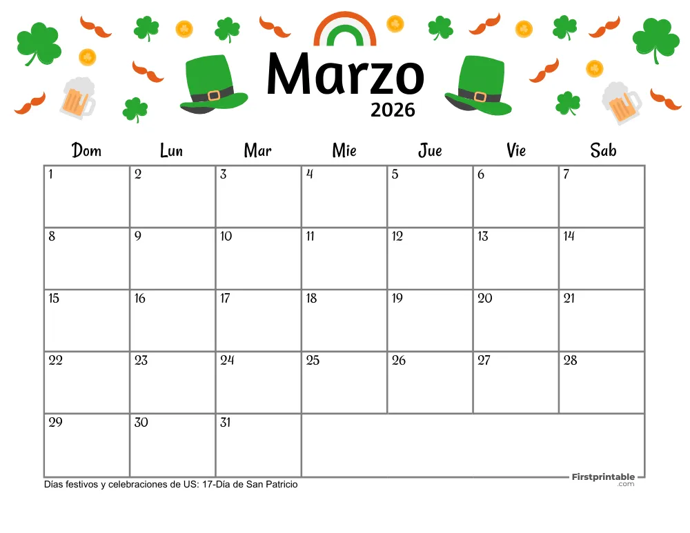 Calendario de marzo de 2026 - Tema de San Patricio