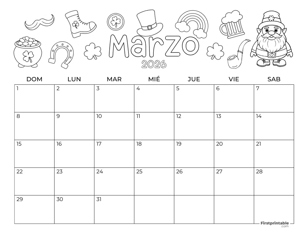 Calendario de marzo de 2026 - Tema del Día de San Patricio
