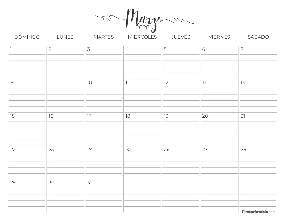 Calendario de marzo de 2026 con líneas 02