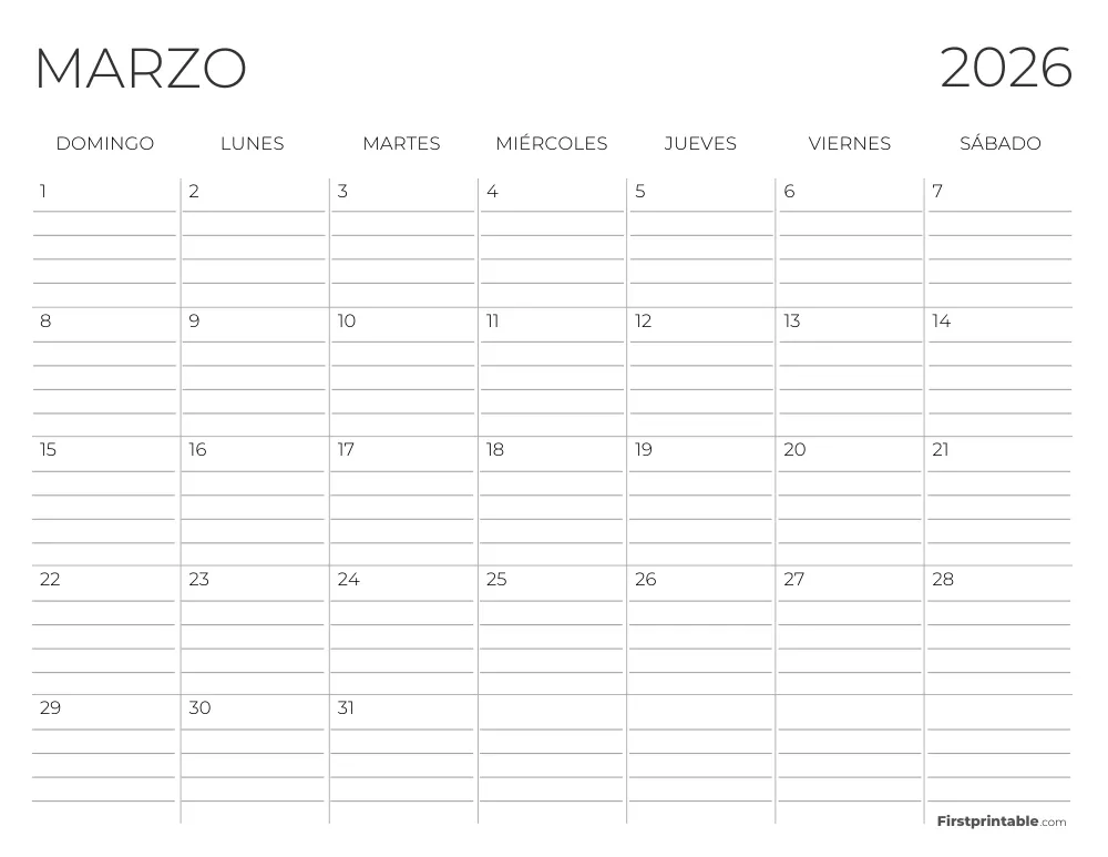 Calendario de marzo de 2026 con líneas