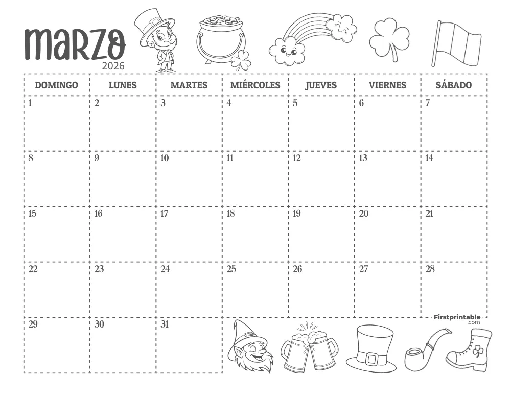Calendario de marzo de 2026 con temática de San Patricio 01