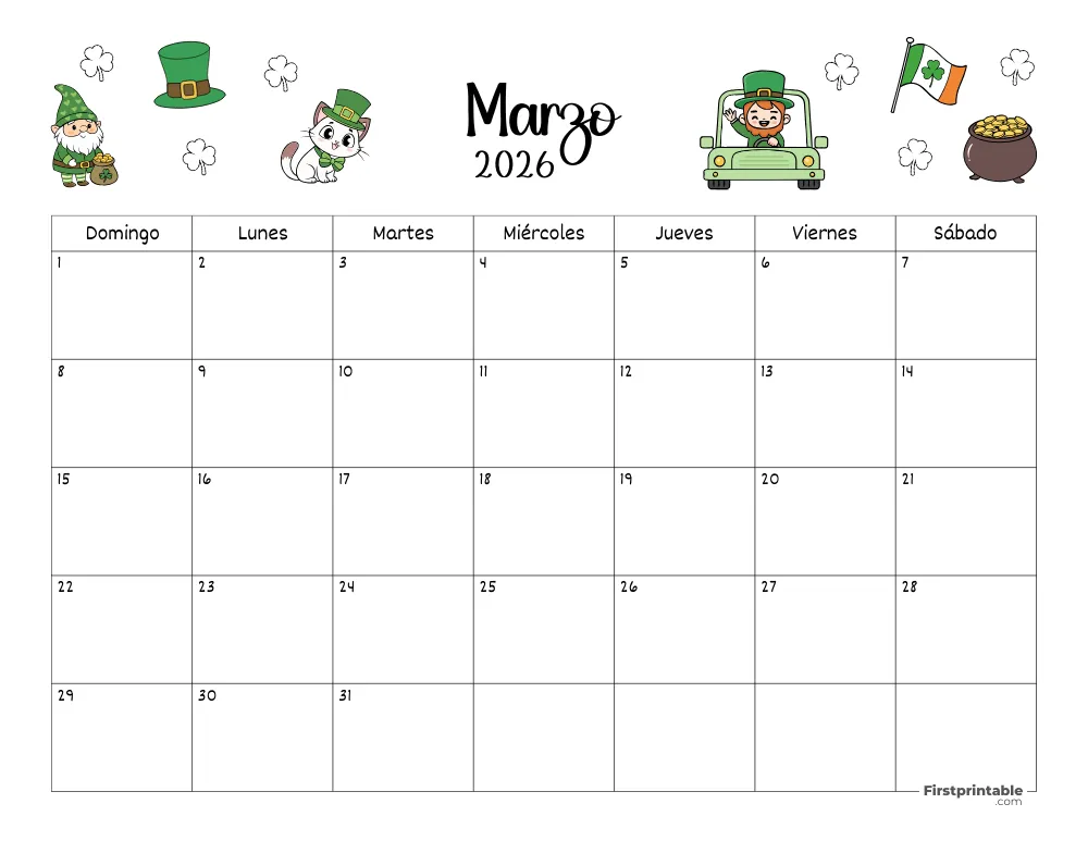 Calendario de marzo de 2026 con temática de San Patricio 02