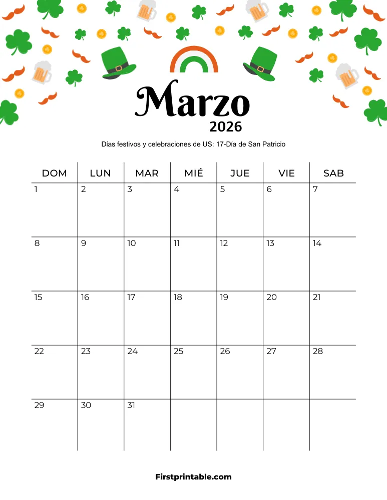 Calendario de marzo de 2026 con temática de San Patricio