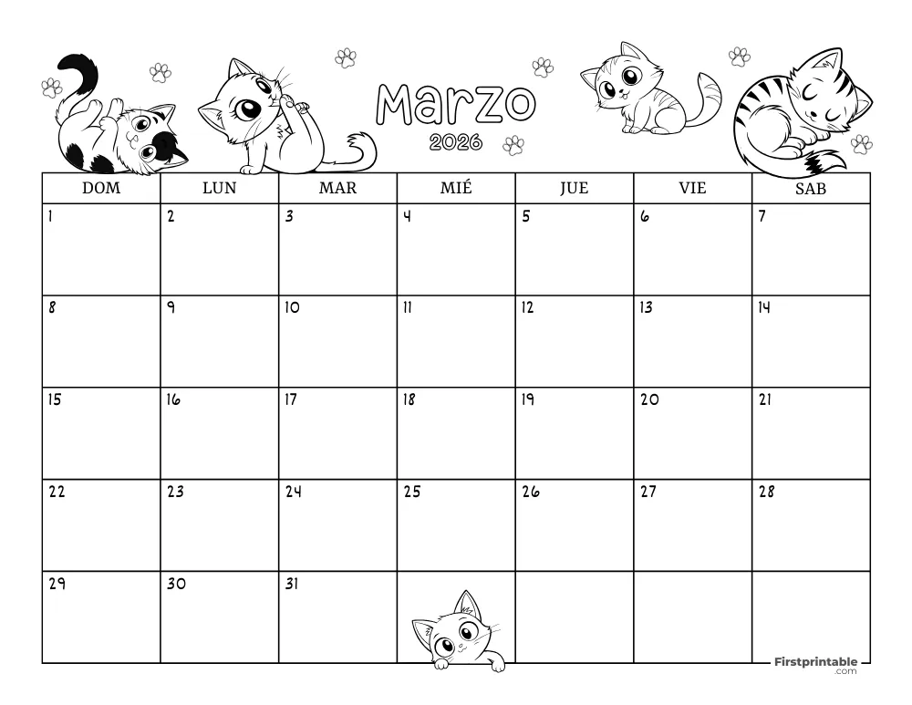 Calendario de marzo de 2026 con temática de gatos 02