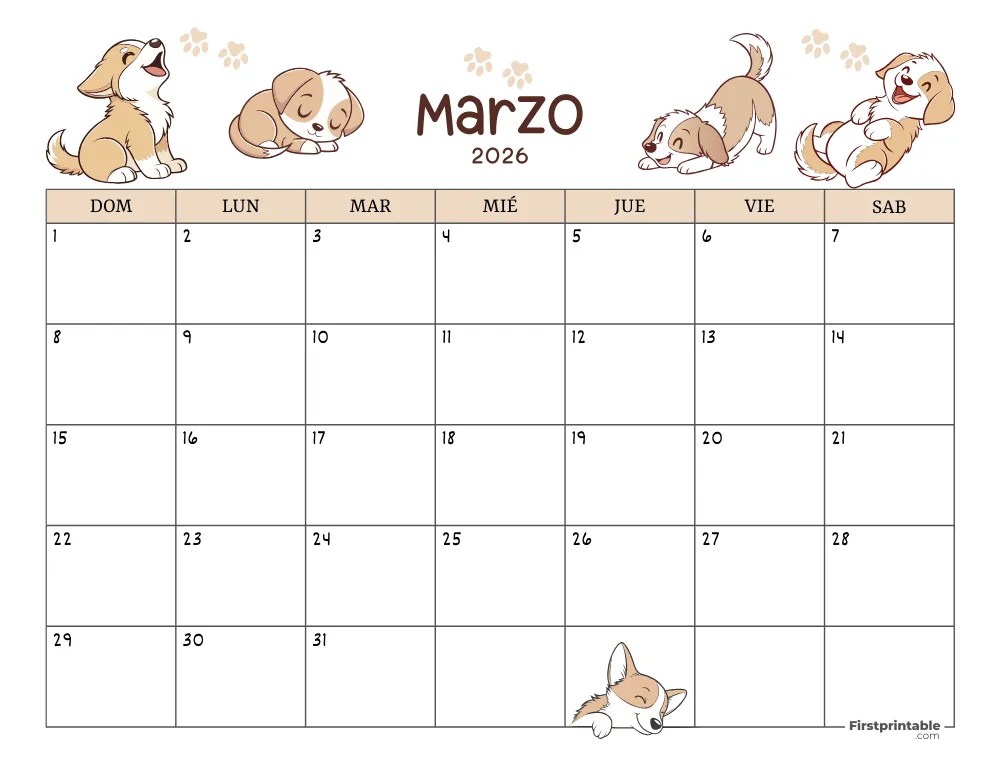 Calendario de marzo de 2026 con temática de perros 01