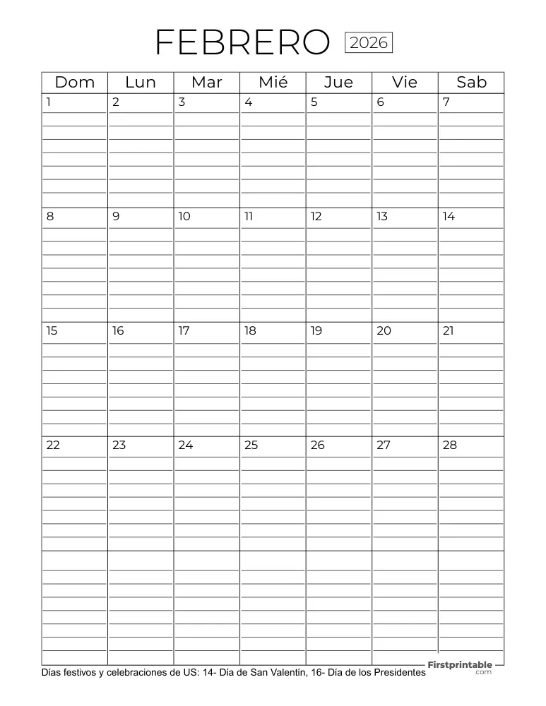 Plantilla de calendario imprimible de febrero de 2026