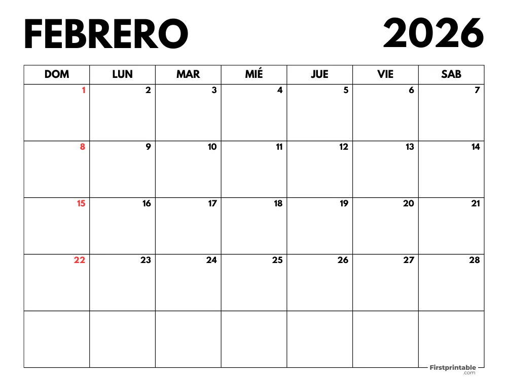 Calendario febrero 2026