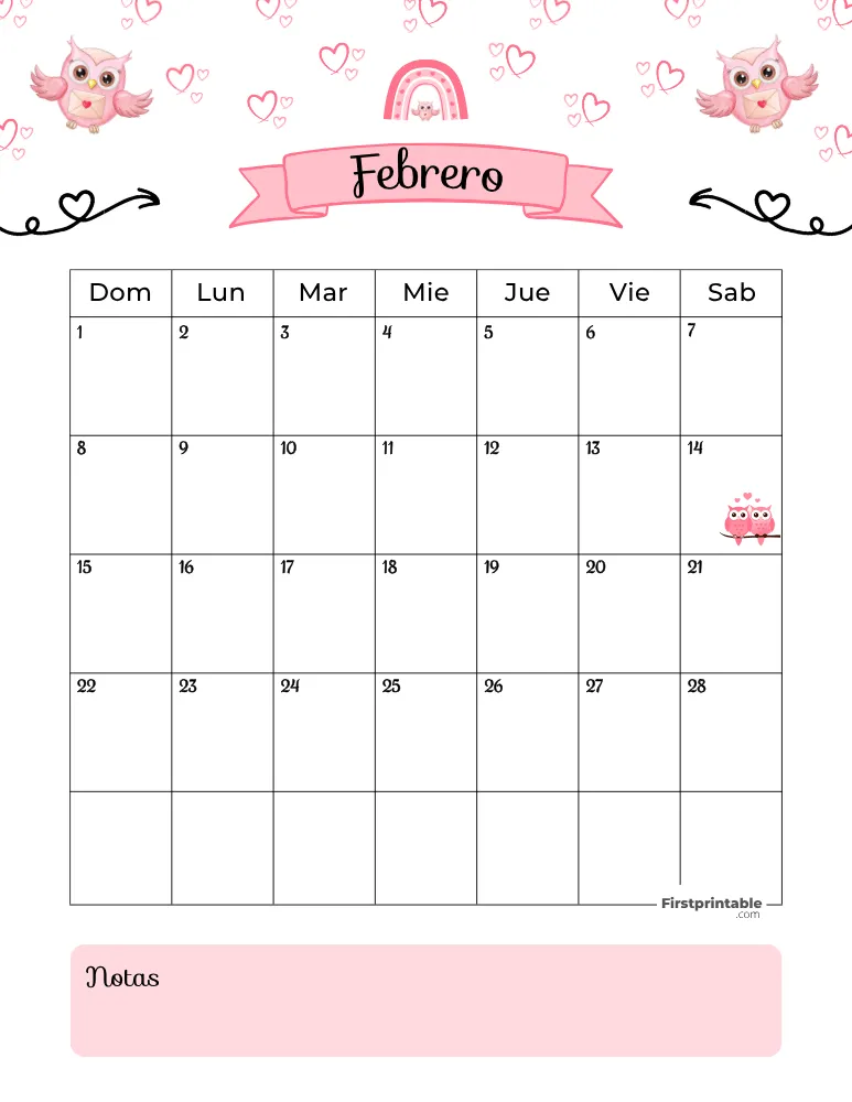 Calendario imprimible de febrero de 2026, plantilla de San Valentín 01