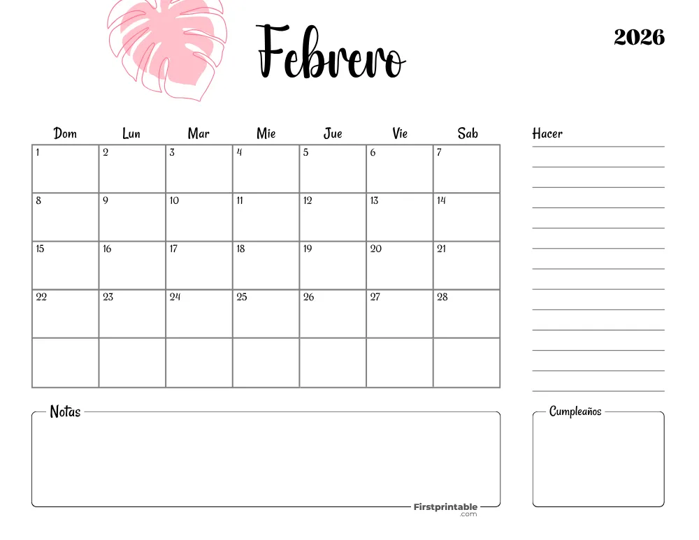 Calendario imprimible de febrero de 2026, plantilla de San Valentín 18