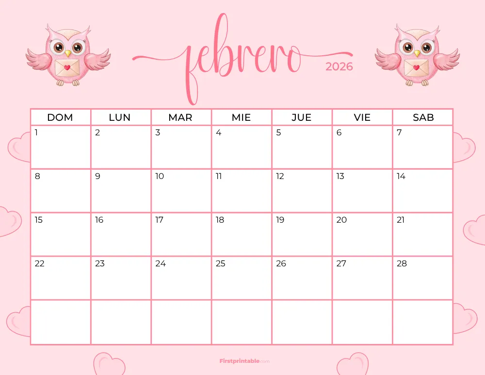 Calendario imprimible de febrero de 2026, plantilla de San Valentín 20
