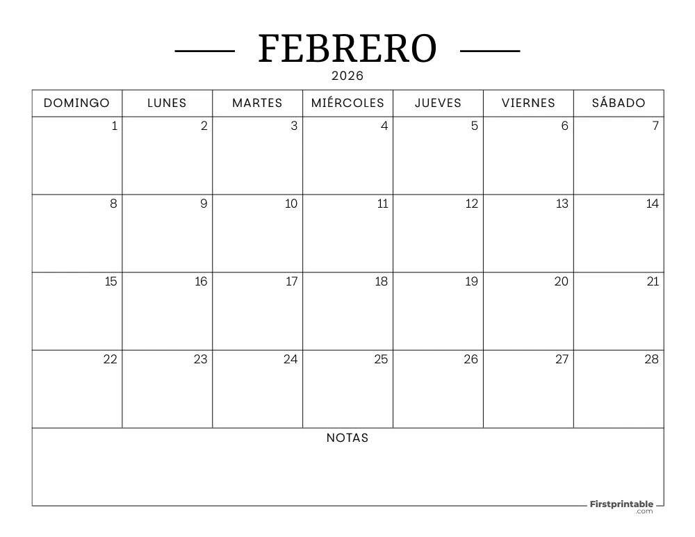 Calendario imprimible de febrero de 2026
