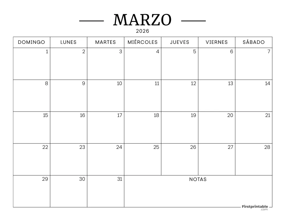 Calendario imprimible de marzo de 2026