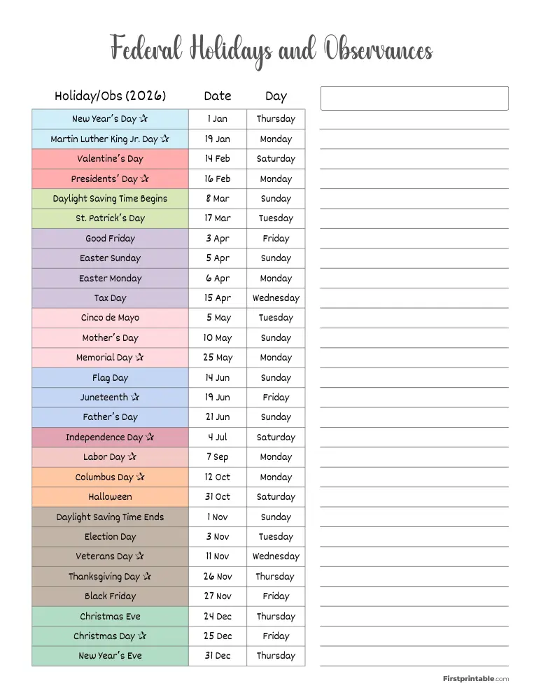 Complete List of US Holidays 2026 Template 01