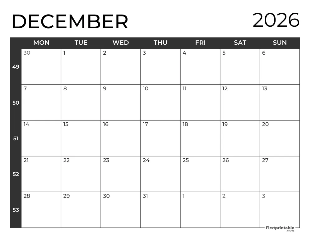 December 2026 Calendar with Week Numbers ISO 8601