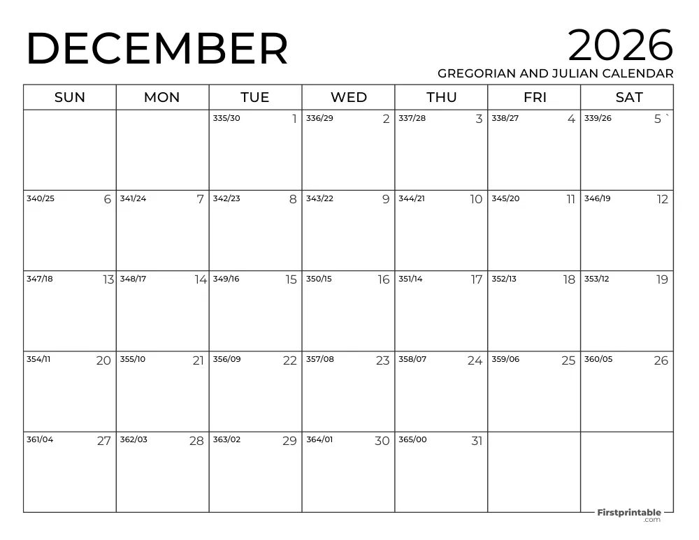 December 2026 Gregorian and Julian Calendar