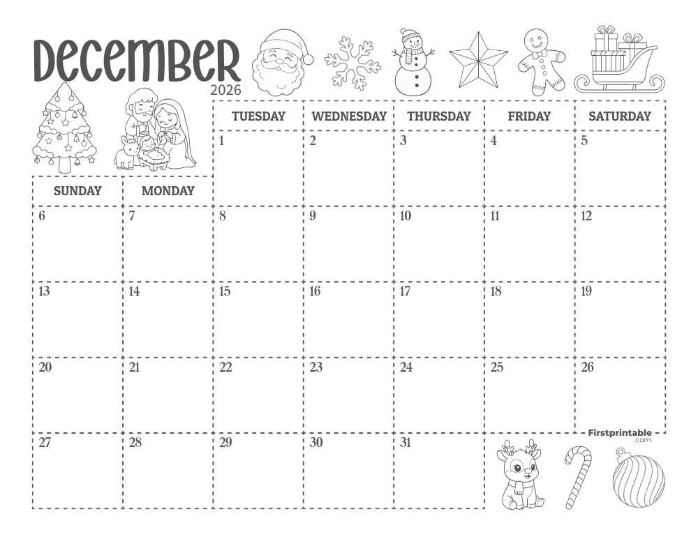 December Calendar 2026 Christmas Themed 01